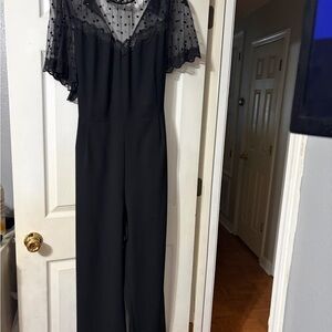 CeCe Black Jumpsuit with Sheer Polka Dot Overlay